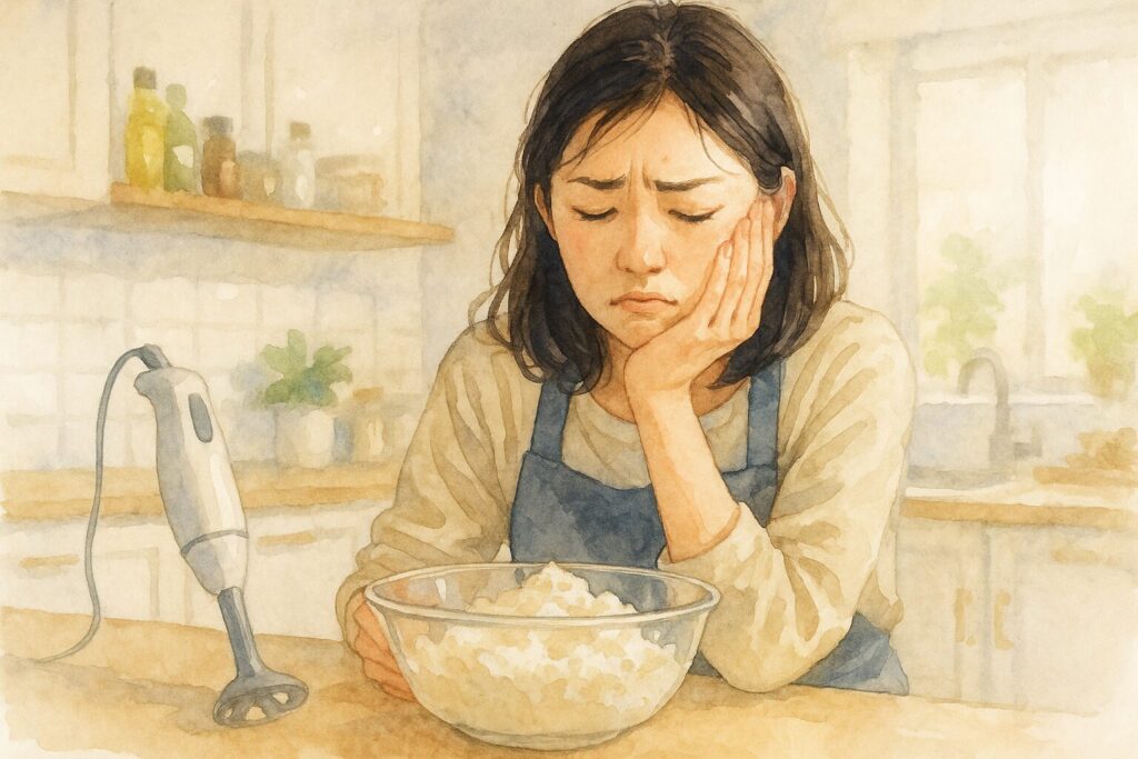 粒状になった泡立て失敗の生クリームを見て困惑する日本人女性の水彩画風イラスト