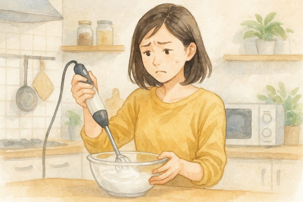 卵白をブレンダーで泡立てようとし戸惑う日本人女性の水彩画風イラスト