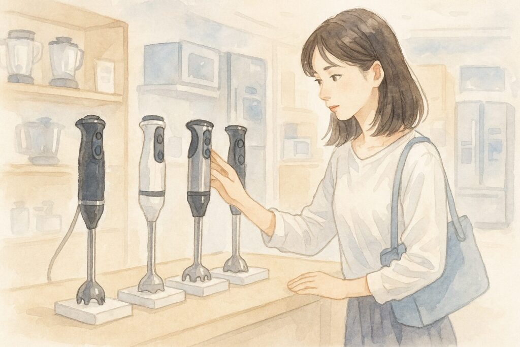 家電売り場で複数のブレンダーを比較する日本人女性の水彩画風イラスト
