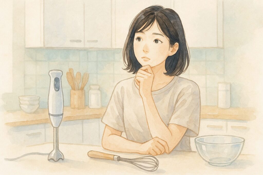 ブレンダーと泡立て器を見比べる日本人女性の水彩画風イラスト