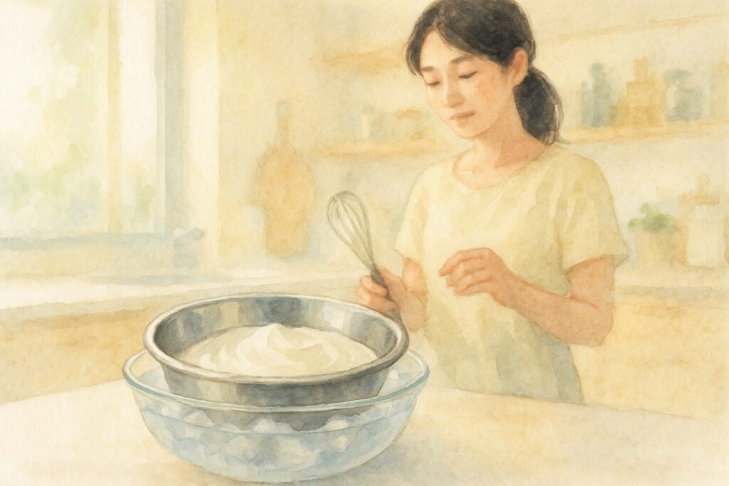 氷水に入れた金属ボウルで生クリームを冷やす日本人女性の水彩画風イラスト