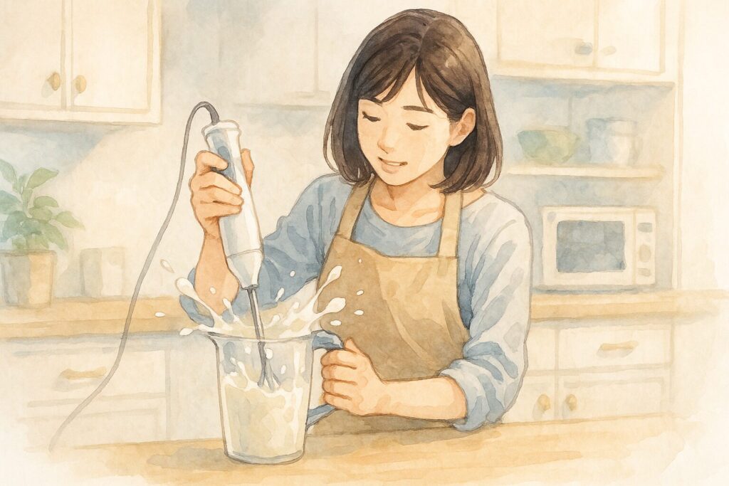 ブレンダーで生クリームを泡立て飛び散りがある様子を示す日本人女性の水彩画風イラスト