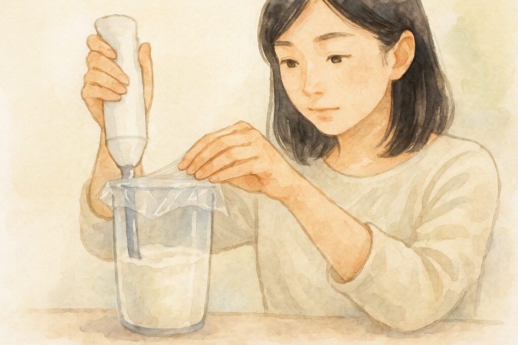 容器の上をラップで覆いブレンダーの飛び散りを防ぐ日本人女性の水彩画風イラスト