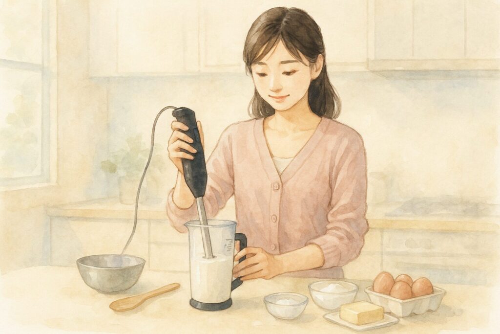 ブレンダーで生クリームを泡立て方を実演する日本人女性の水彩画風イラスト