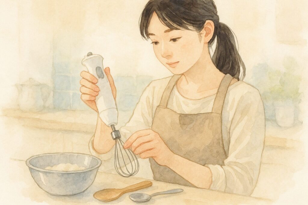 ブレンダーに泡立て器アタッチメントを取り付ける日本人女性の水彩画風イラスト
