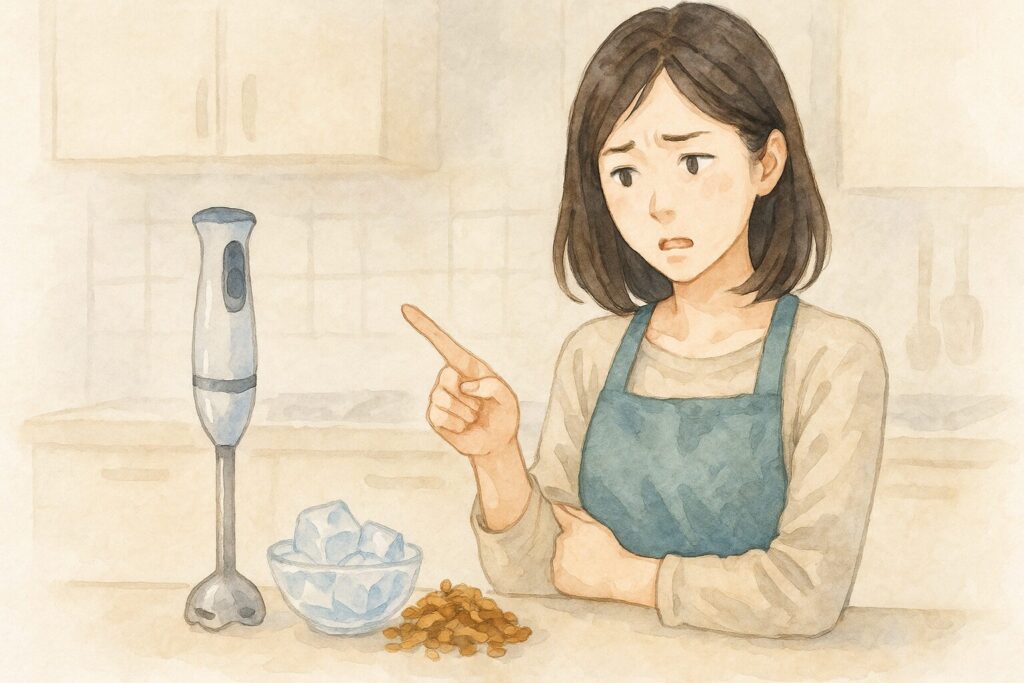 ブレンダーの横で氷や乾物を指差し注意を示す日本人女性の水彩画風イラスト