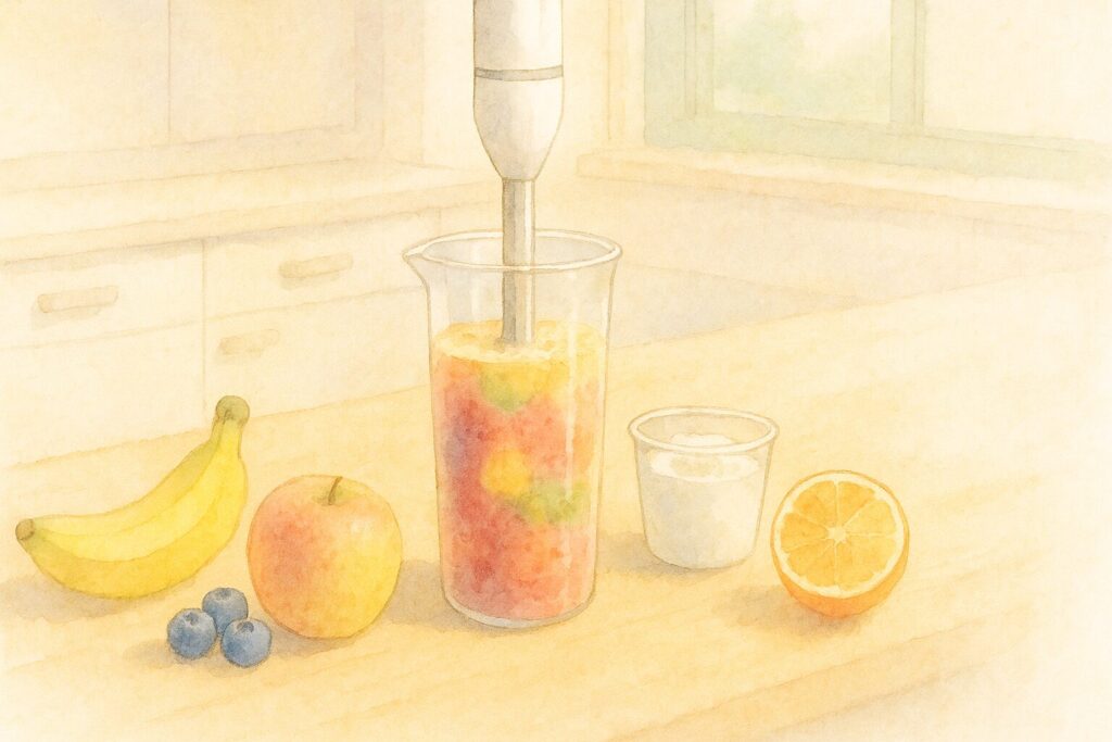 日本のキッチンで専用ビーカーに食材を入れ手ブレンダーで攪拌する様子を柔らかい色で描写。