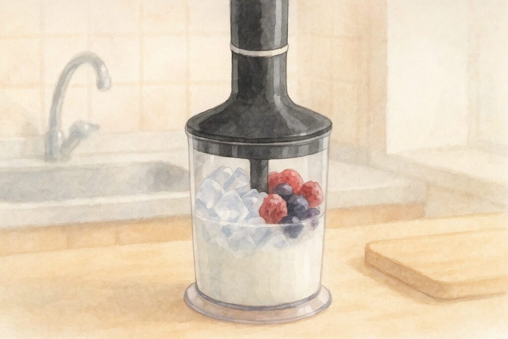 大きめのチョッパー容器に家庭用氷と牛乳、冷凍ベリーを入れて粉砕準備をする静かな場面。