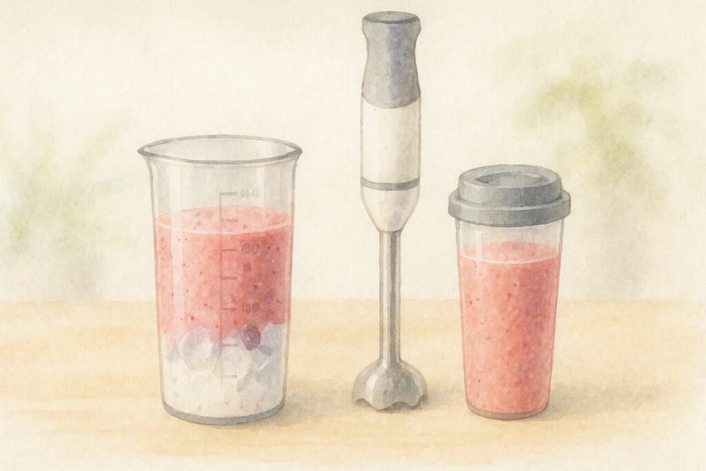 600mlビーカーと出来上がりのスムージー、持ち運び用タンブラーを並べ使い勝手を伝える構図。