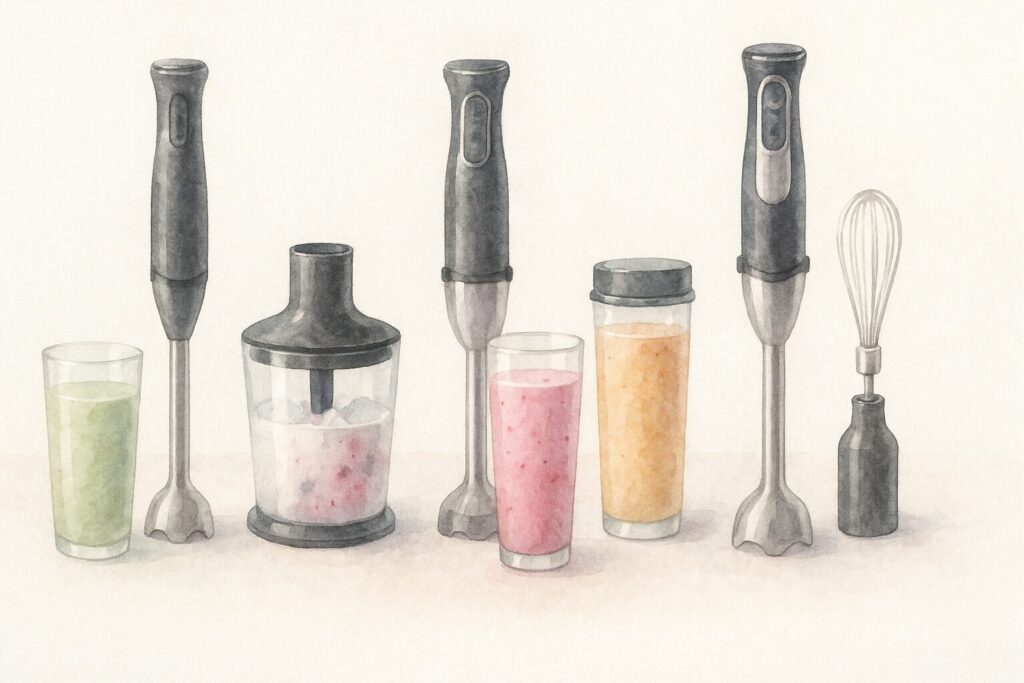 エントリーから上位までの手ブレンダーと3種のスムージーを並べ比較のイメージを描く。