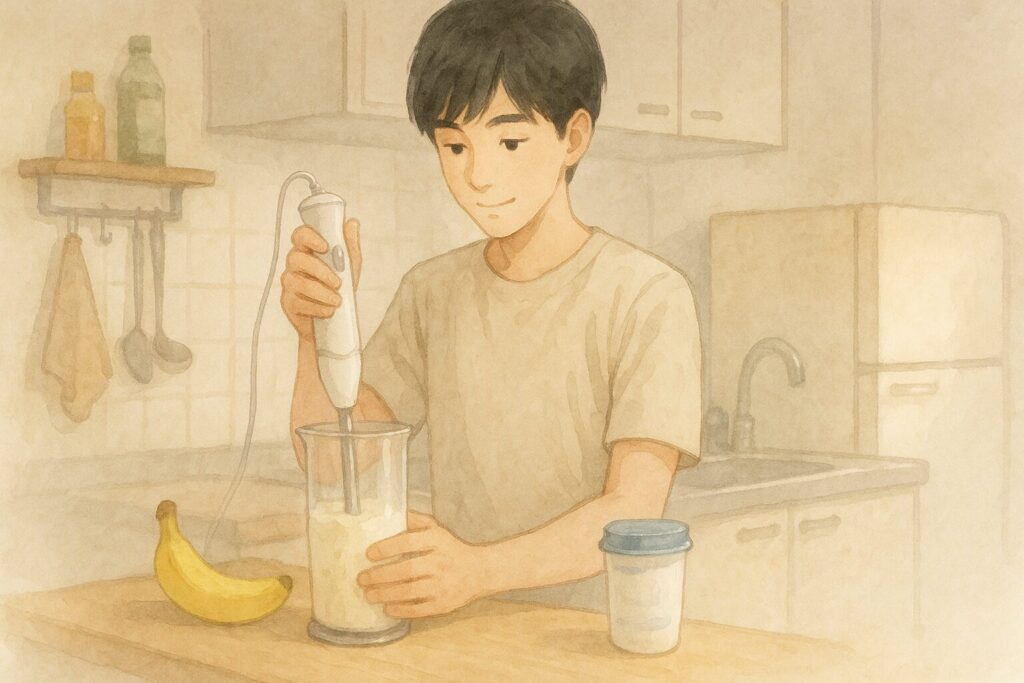 小さな台所で軽い手ブレンダーを使いバナナとヨーグルトの朝スムージーを作る様子。