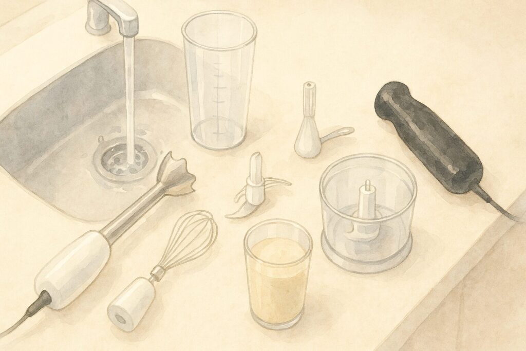 流し台で先端シャフトをすすぎ、モーター部は濡らさず離して置いた安全な手入れ風景。