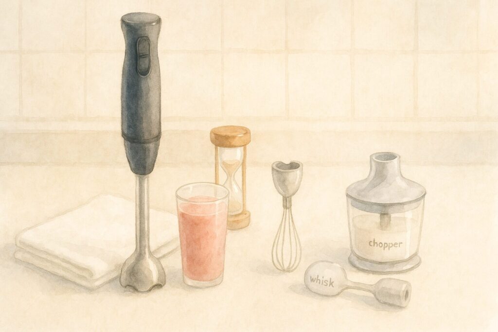 タオルの上で休ませた本体と砂時計、整えた付属品で正しい使い方と長持ちの意識を表現。