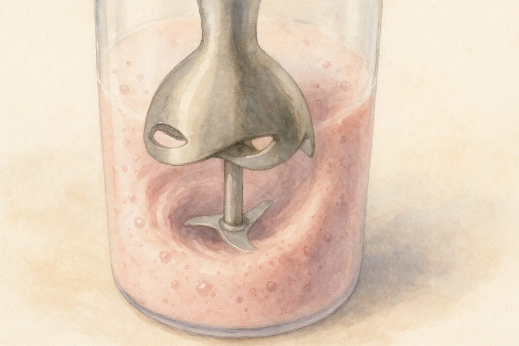 ベル型先端の刃がやさしく渦を描き材料を細かく攪拌する様子を繊細な水彩で表現。