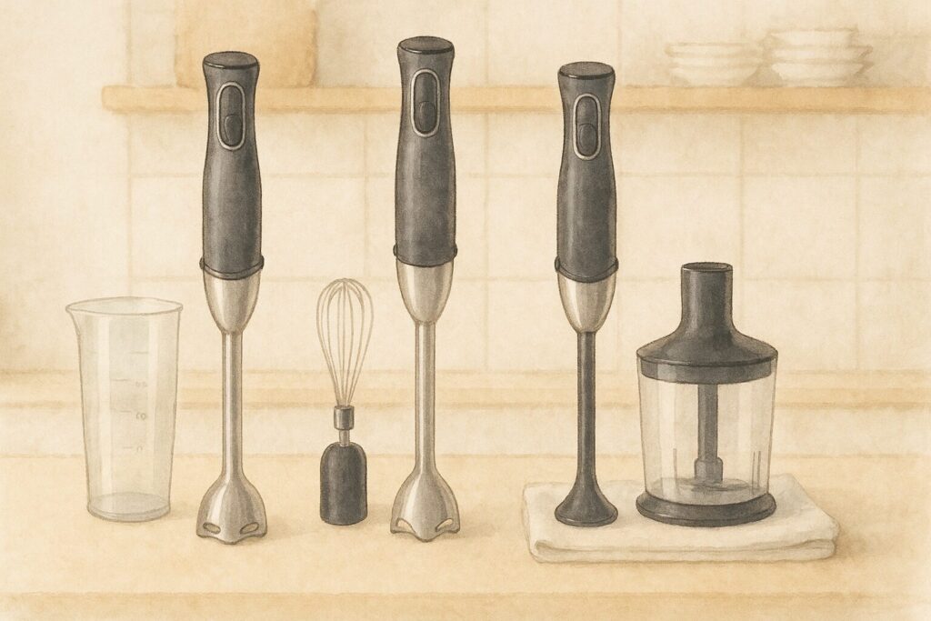キッチンに手ブレンダー本体とビーカー・泡立て器・チョッパーを並べシリーズの違いを示す構成。