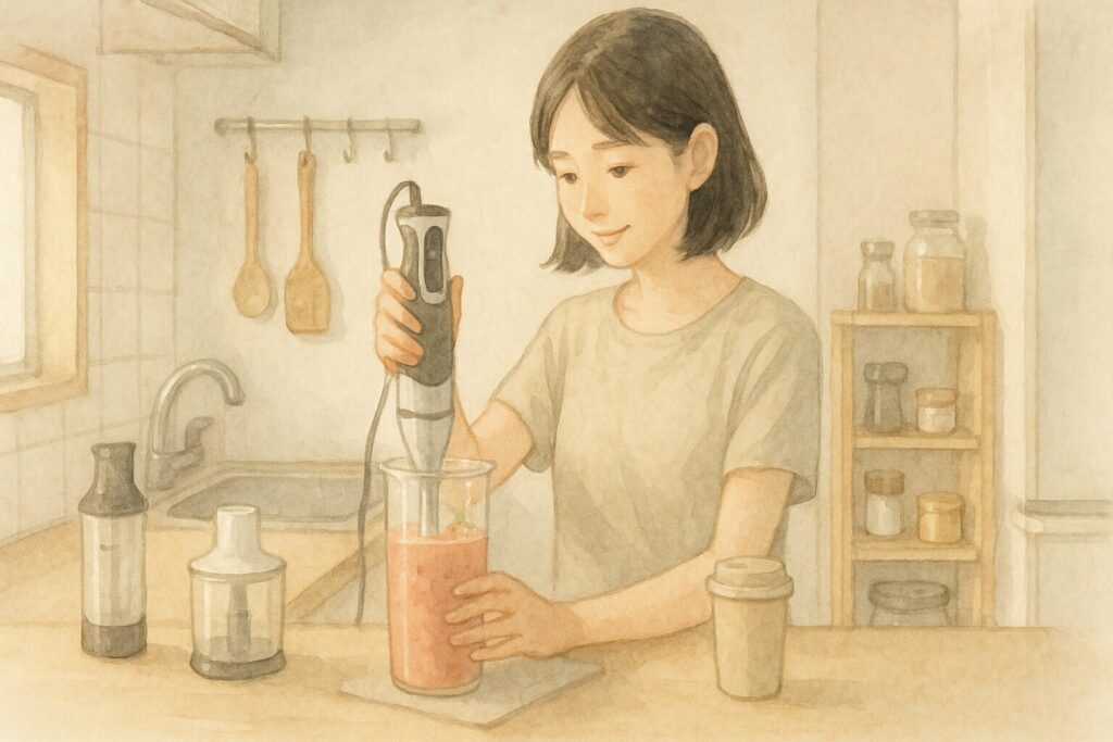 省スペースの日本の台所で女性がビーカーで手早くスムージーを作る様子を淡色で表現。