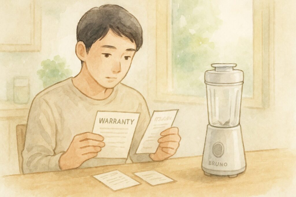 ブレンダーの保証書と購入証明を確認する日本人を描いた水彩画風イラスト