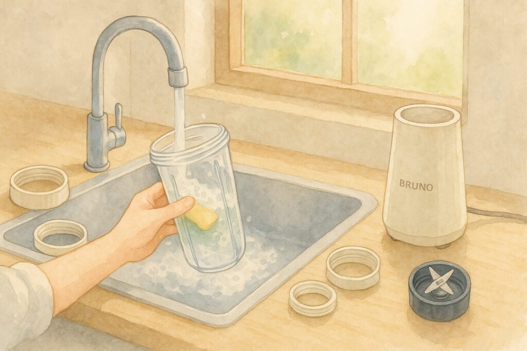 ブレンダーのボトルやパッキンを外して洗浄している様子を描いた水彩画風イラスト。