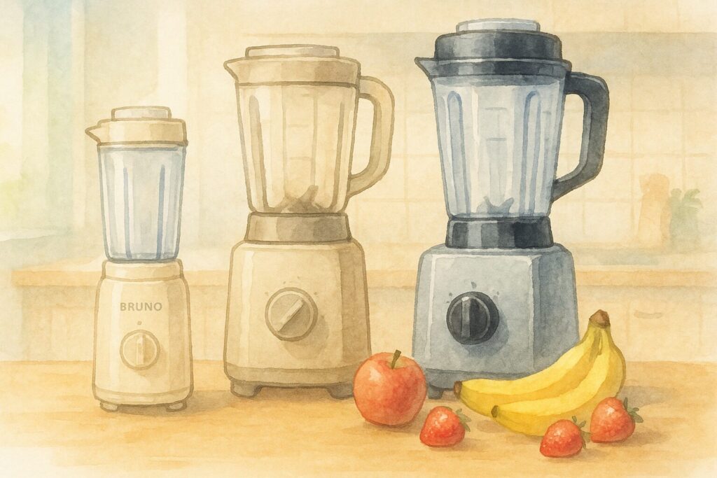 コンパクトなブレンダーと大容量モデルを並べ比較した水彩画風イラスト。