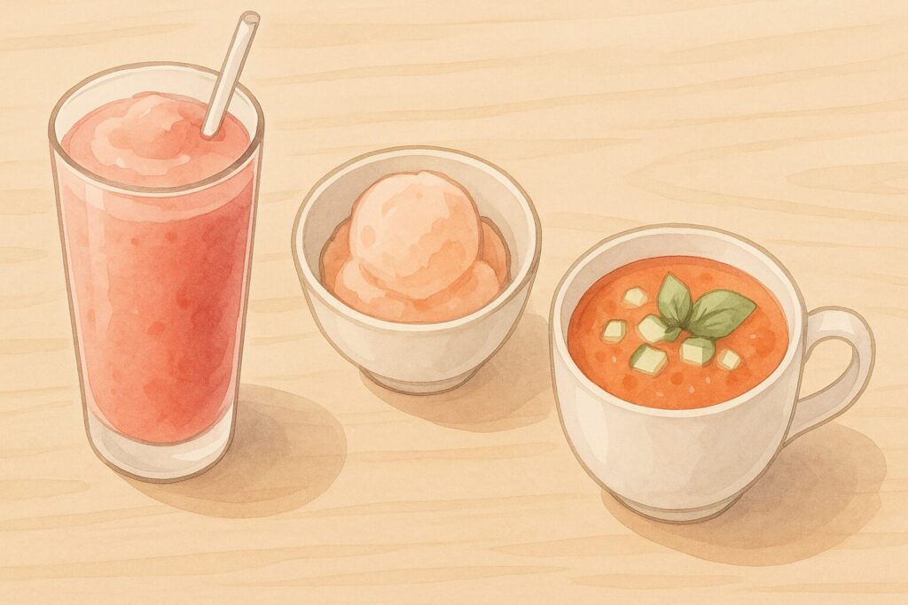 ブラウンのブレンダーで作れるスムージー以外のひんやりレシピ。テーブルに並べられたフローズンドリンク、ジェラート、冷製スープ。