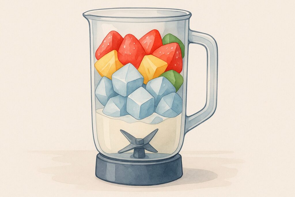 ブレンダーで氷が砕けない時の対処法を示すイラスト。容器の断面で、下に液体、上に氷やフルーツが正しい順番で入っている様子。
