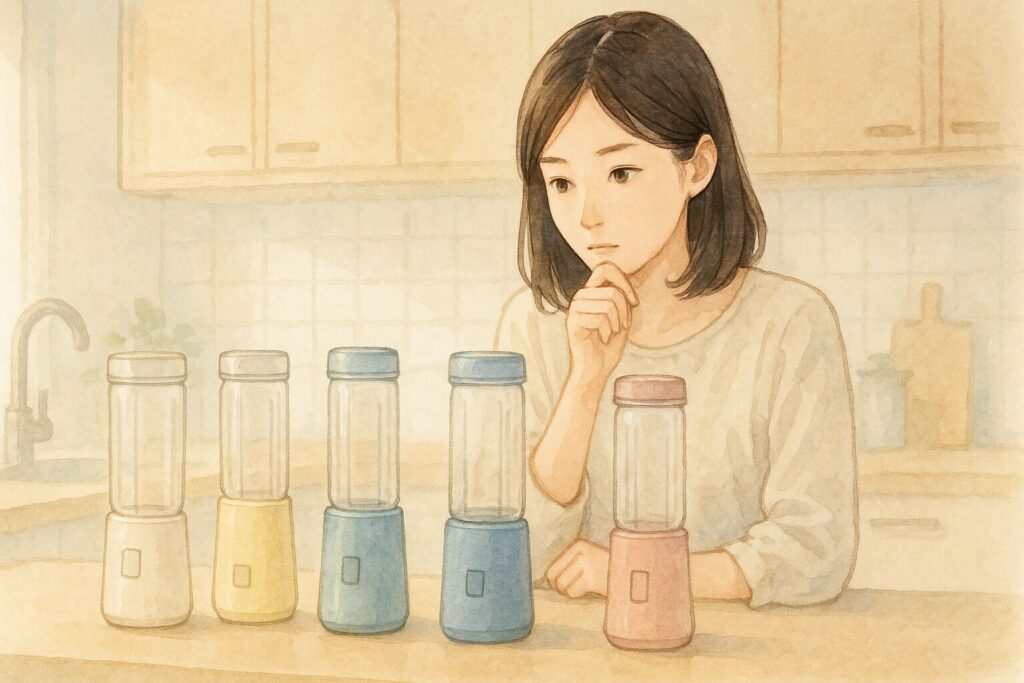 おしゃれなキッチンカウンターに並べられた数種類のタンブラーミキサーを、購入を検討するように真剣な表情で見つめている20代の日本人女性。