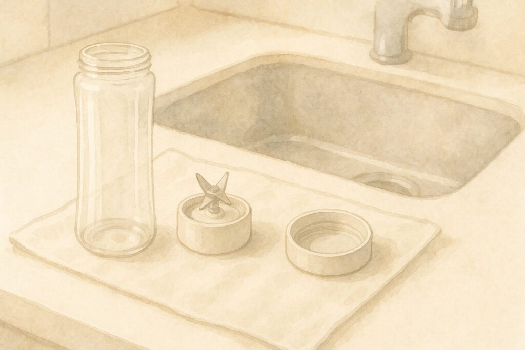 キッチンのシンク横に、タンブラーミキサーの分解パーツがきれいに並べられている。ボトル、刃、蓋の3点だけで洗いやすさを表現した画像。