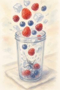 透明なタンブラーミキサーのボトルの中に、角氷と色鮮やかな冷凍ベリーが投入される瞬間のクローズアップ。パワーと冷たさを表現している。