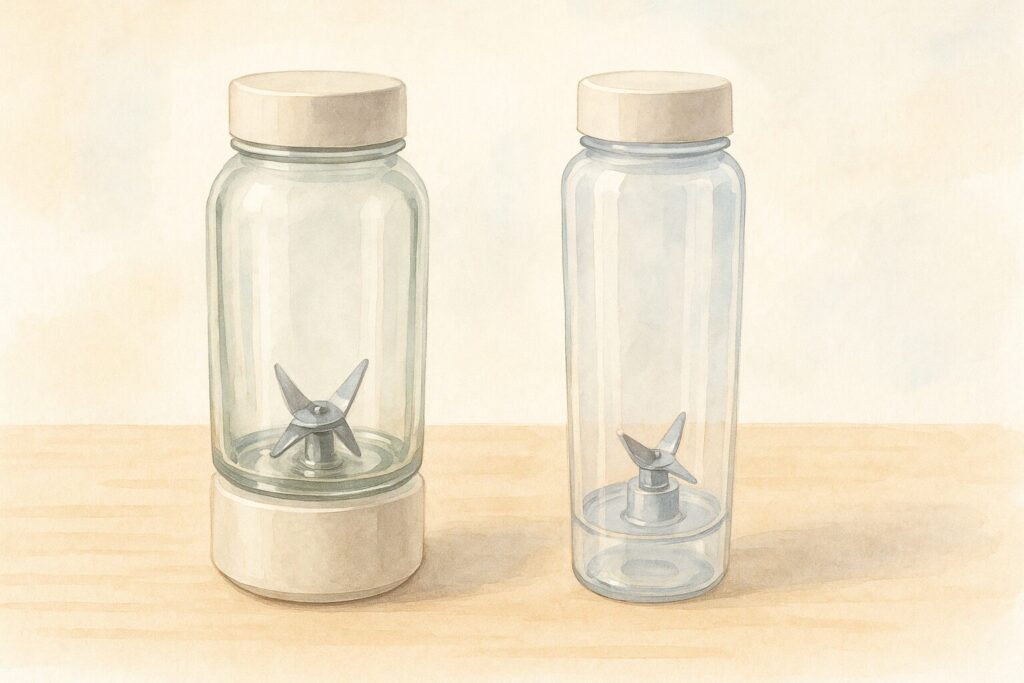 木製のテーブルの上に、光を反射する重厚なガラス製ミキサーと、軽やかで透明なプラスチック製ミキサーが並べて置かれ、素材の違いを比較している。