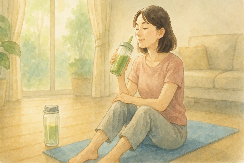 朝日を浴びながら、リビングのヨガマットの隣でリラックスし、手軽に作ったスムージーを飲んで穏やかな時間を過ごす30代の日本人女性の暮らし。