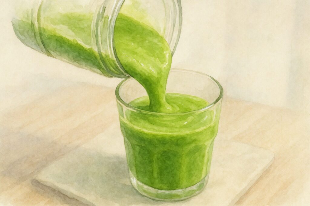 タンブラーミキサーからグラスへと注がれる、とろりとした滑らかな質感のグリーンスムージー。繊維が残っていない食感の良さを表現した画像。