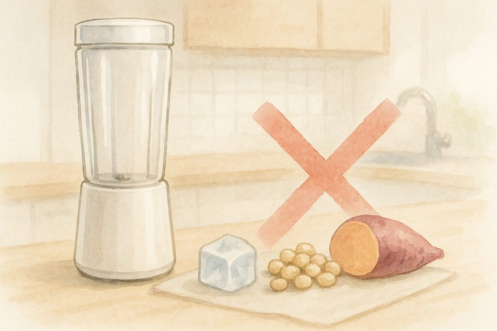 タンブラーミキサーの横に、故障の原因となるロックアイスや乾燥大豆が置かれ、それらを使用してはいけないことを示すように薄いバツ印が描かれている。