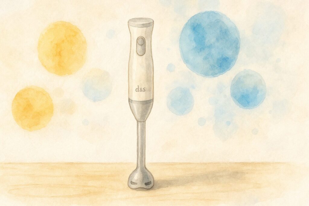 d&sハンドブレンダーの周りに浮かぶ、良い評判（暖色）と悪い評判（寒色）を象徴する光の円が描かれた、口コミの全体像を示す水彩画風イラスト。