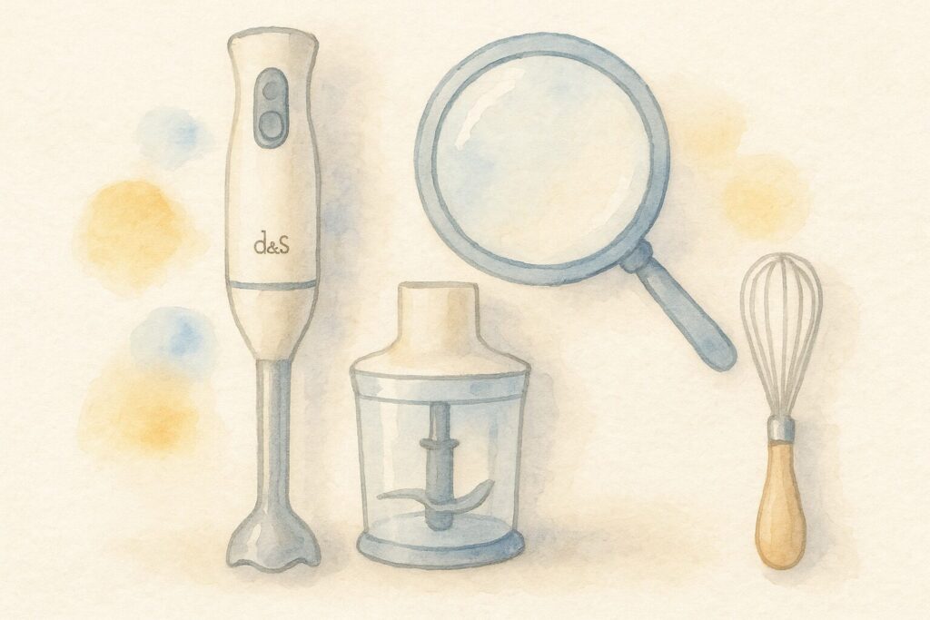 &sハンドブレンダーと付属品が並べられ、その上を虫眼鏡が覗き込んでいる、製品を徹底分析する様子を表現した水彩画風の俯瞰イラスト。