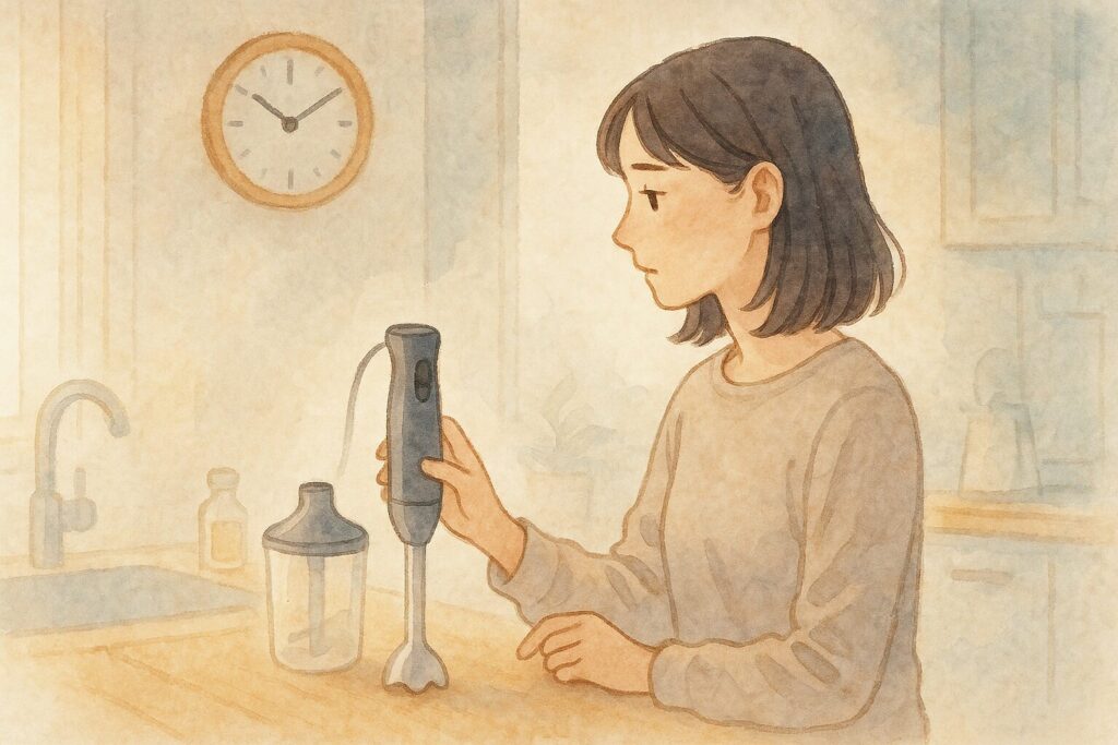 早朝のキッチンで、ハンドブレンダーの音を気にして使うのを少し躊躇している日本人女性。