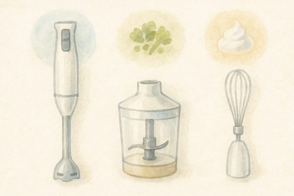 d&sハンドブレンダー本体と3種類のアタッチメント（ブレンダー、チョッパー、ウィスク）が分かりやすく並べられた、機能を紹介する水彩画風の俯瞰イラスト。