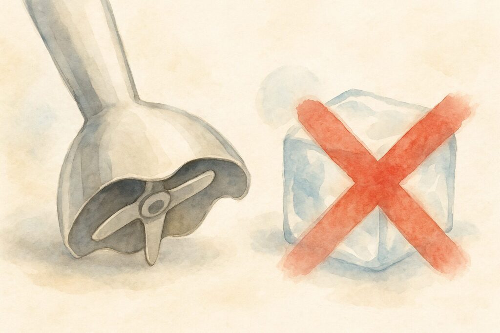 d&sハンドブレンダーの刃の前にある氷の塊に、使用禁止を示す大きな赤いバツ印が描かれた、注意を促すための分かりやすい水彩画風イラスト。