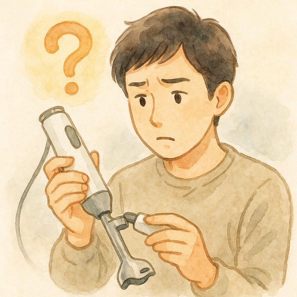 動かなくなったd&sハンドブレンダーを前に、困った表情で接続部分を確認している日本人を描いた、トラブルシューティングをテーマにした水彩画風イラスト。