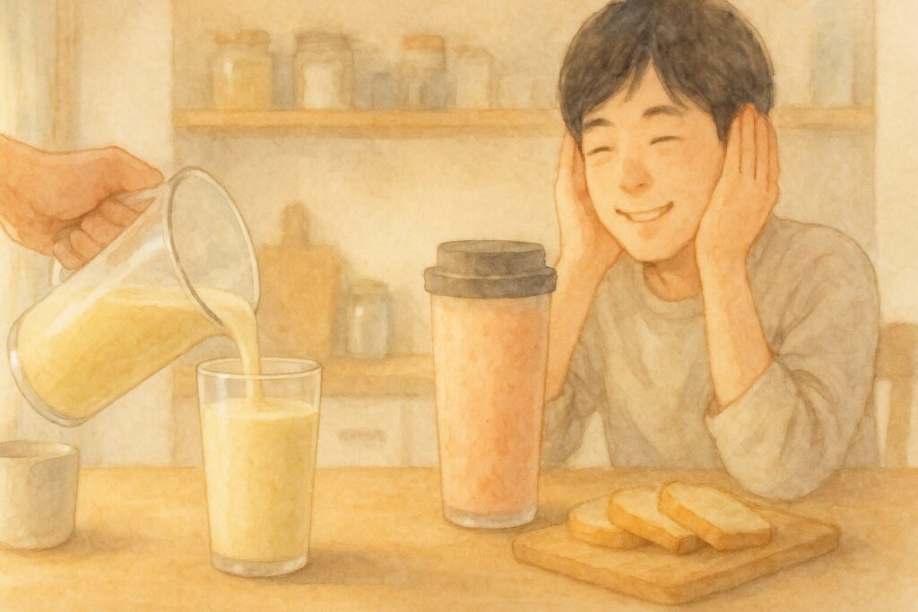 クリーミーなスムージーと短時間の作動音を家族の朝のやり取りでやわらかく表現。