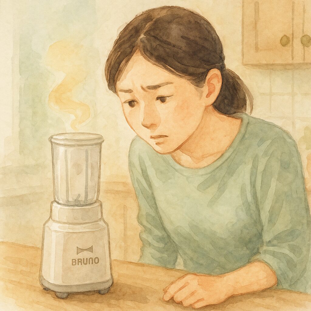 動かないブルーノのブレンダーを確認する日本人を描いた水彩画風イラスト。