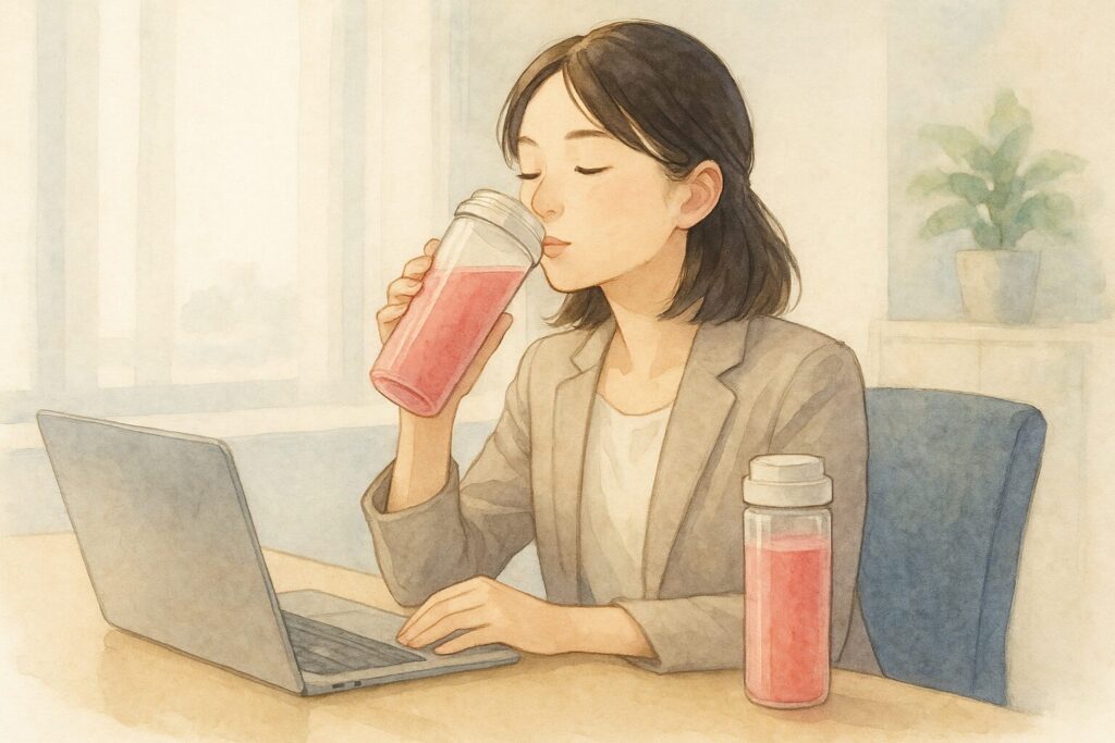 明るいオフィスで、パソコン作業の合間にタンブラーミキサーのボトルから直接ピンク色のスムージーを飲んでリフレッシュする20代の日本人女性。