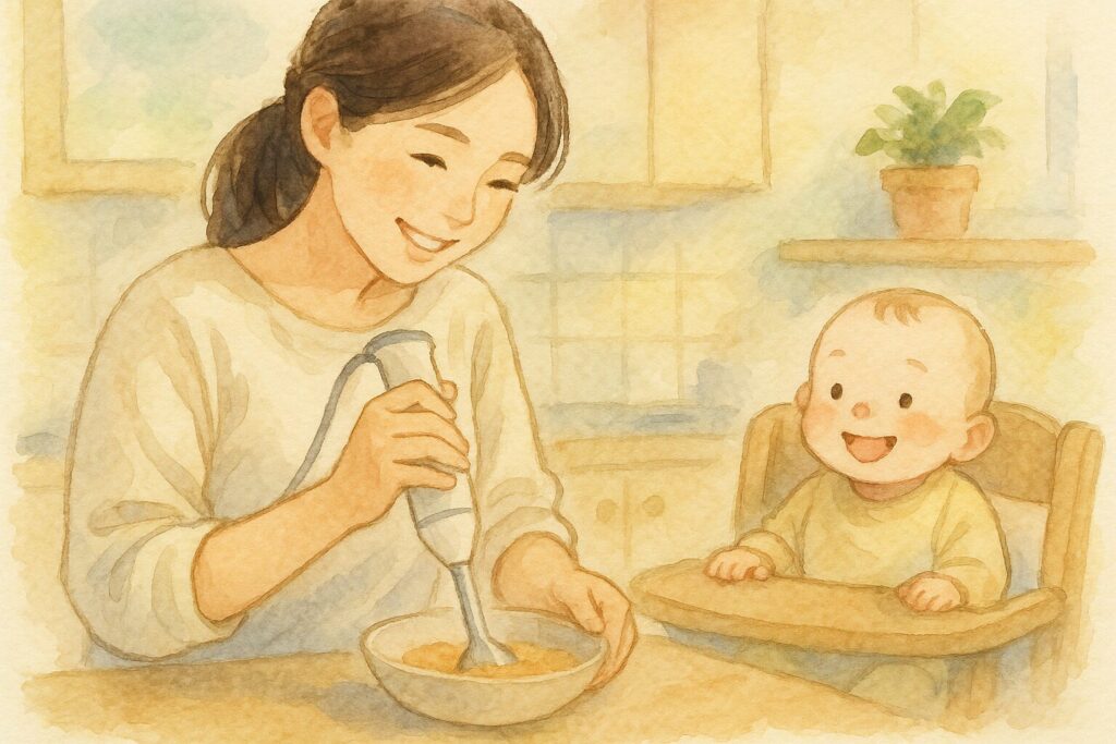 若い日本人のお母さんが笑顔で離乳食を作っている様子。