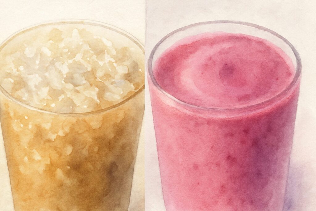 フラッペのシャリシャリした氷の質感と、スムージーのとろりとした滑らかな質感をクローズアップで対比させた水彩画風のイメージ。