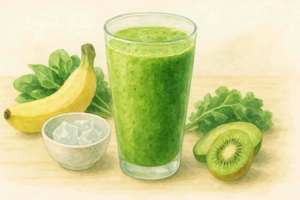 バナナやほうれん草などの新鮮な材料に囲まれた、鮮やかなグリーンスムージーを描いた、健康的でナチュラルな雰囲気の水彩画。