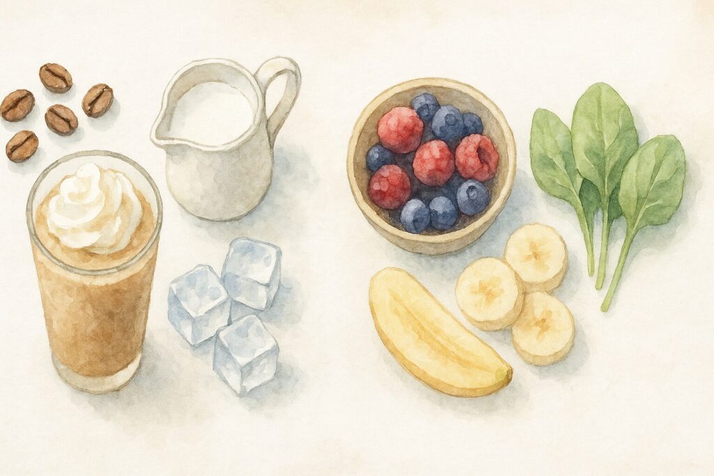 フラッペの材料であるコーヒー豆や氷と、スムージーの材料である冷凍フルーツや野菜が並べられた、違いがわかる水彩画風イラスト。