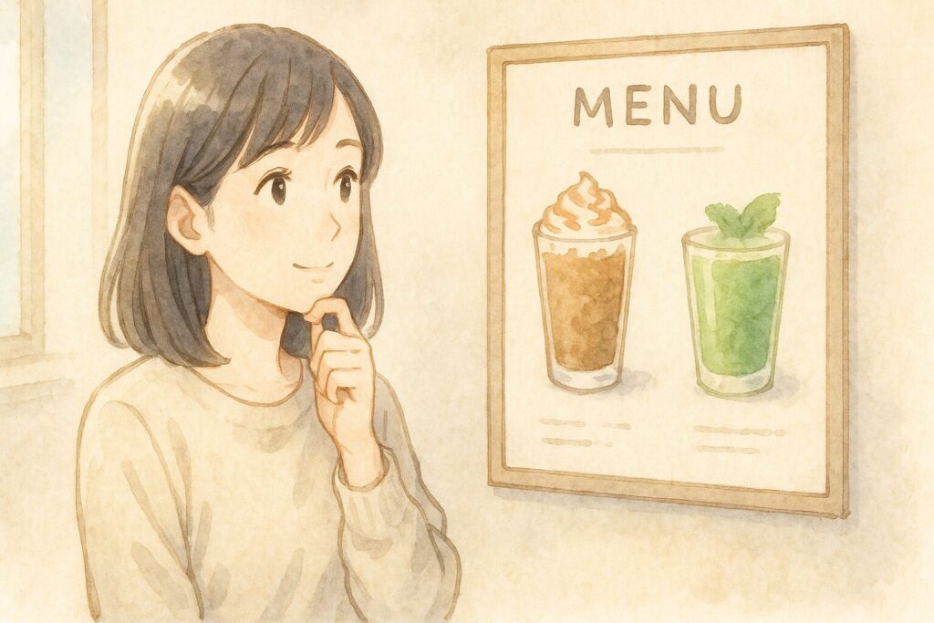 カフェでフラッペとスムージーのメニューを見ながら、どちらを注文しようか楽しそうに考えている若い日本人女性の様子を描いた水彩画。