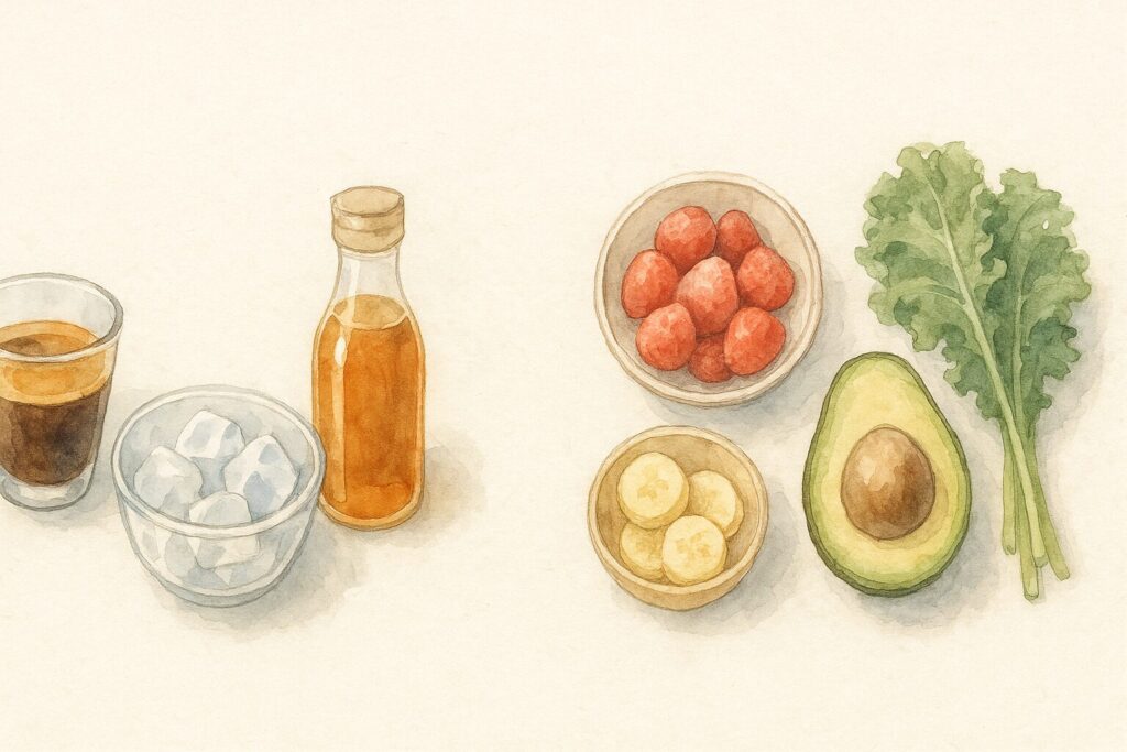 フラッペの材料（エスプレッソ、氷、シロップ）とスムージーの材料（冷凍いちご、アボカド）を並べて比較した水彩画風イラスト。