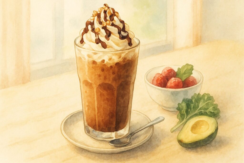 カフェのテーブルの上で、ホイップクリームとチョコレートソースがたっぷりかかったデザートのようなフラッペを描いた、水彩画風イラスト。