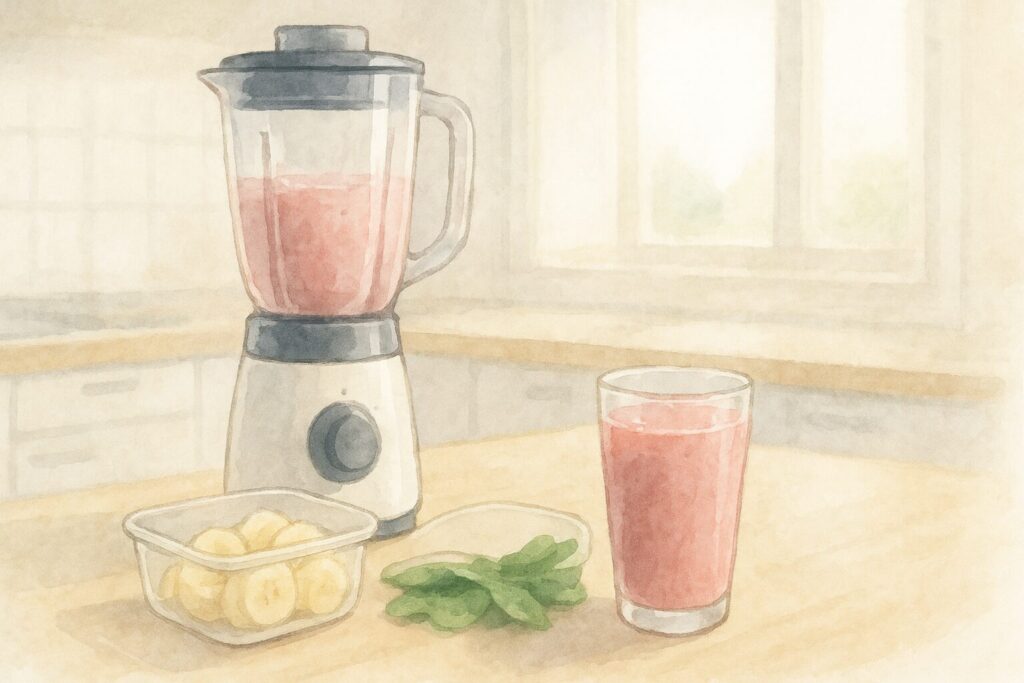 自宅のキッチンで、ミキサーの横に置かれた出来立てのスムージーと冷凍フルーツ。おうちで手作りする楽しさを表現した水彩画。
