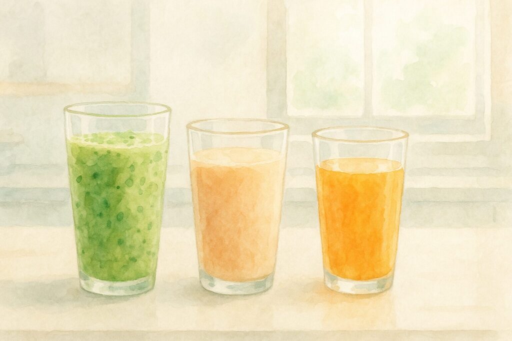 スムージー、ミックスジュース、透明なジュースが並び、それぞれの質感が際立つイラスト。